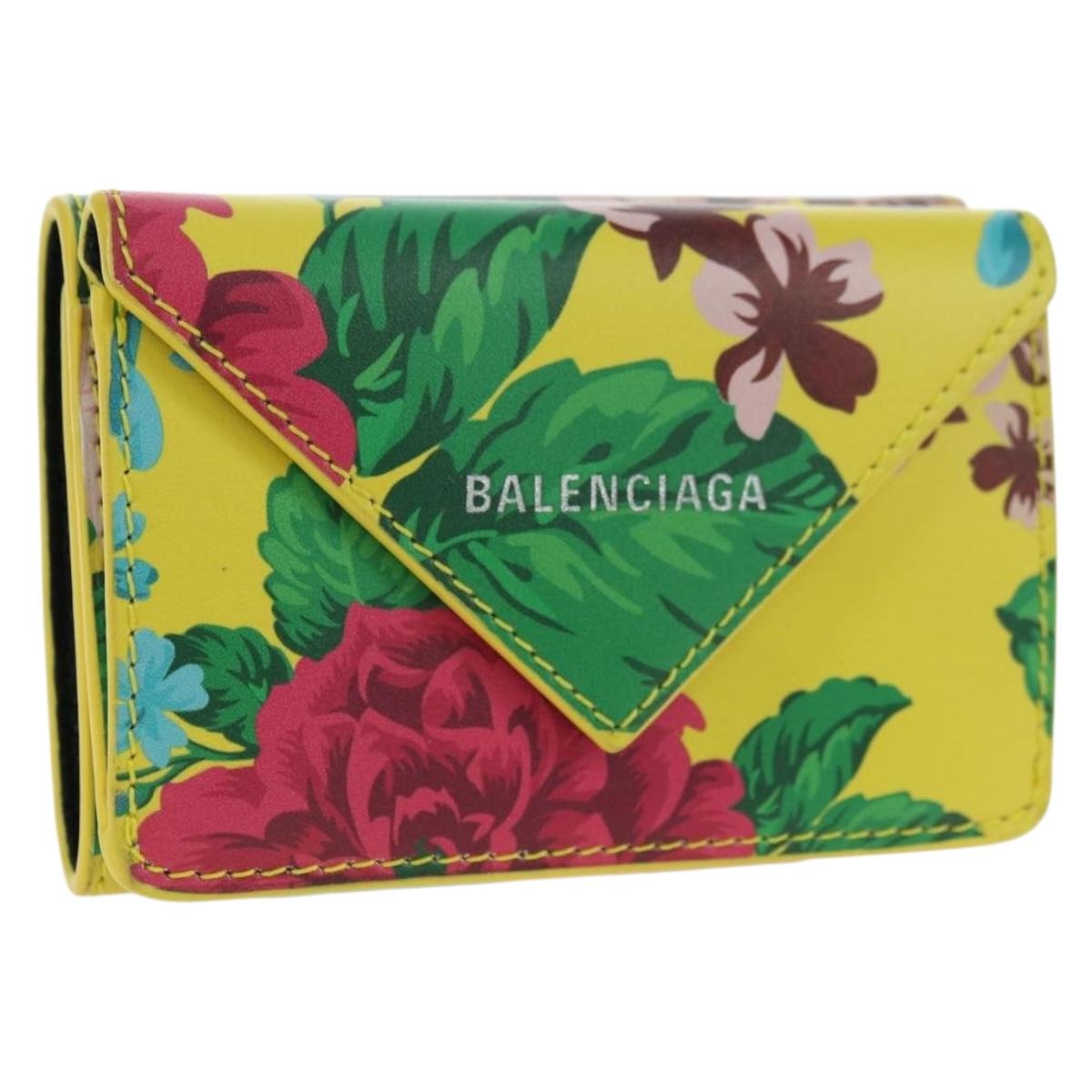 BALENCIAGA Paper Mini Wallet Trifold Leather Yellow Silver 391446 Auth 161339M
