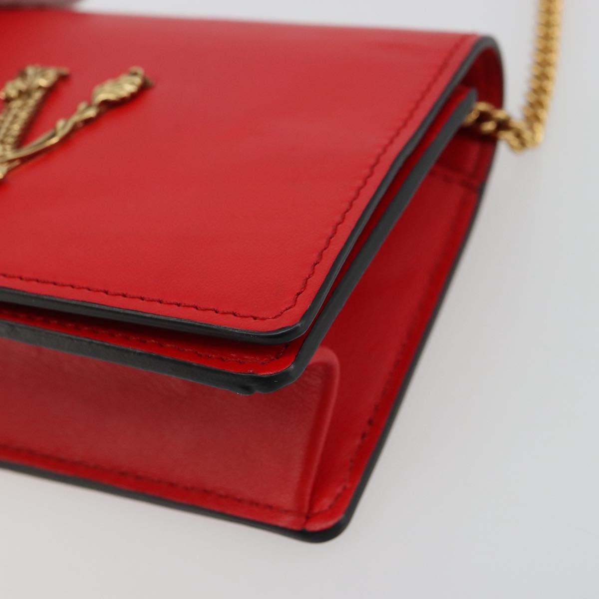VERSACE Chain Shoulder Pouch Leather Red Gold Auth 161343A