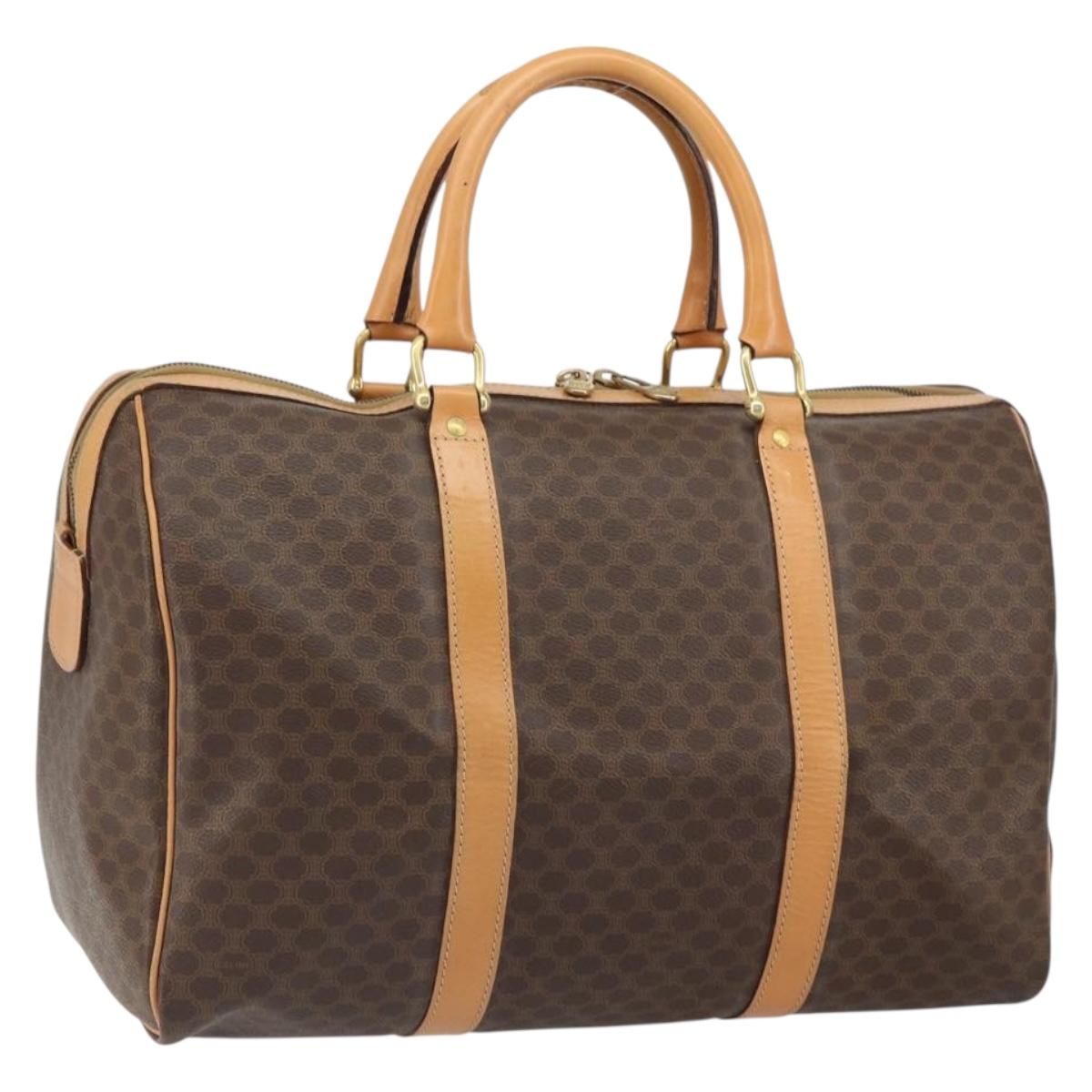 CELINE Macadam Canvas Boston Bag PVC Leather Brown Gold Auth 161350