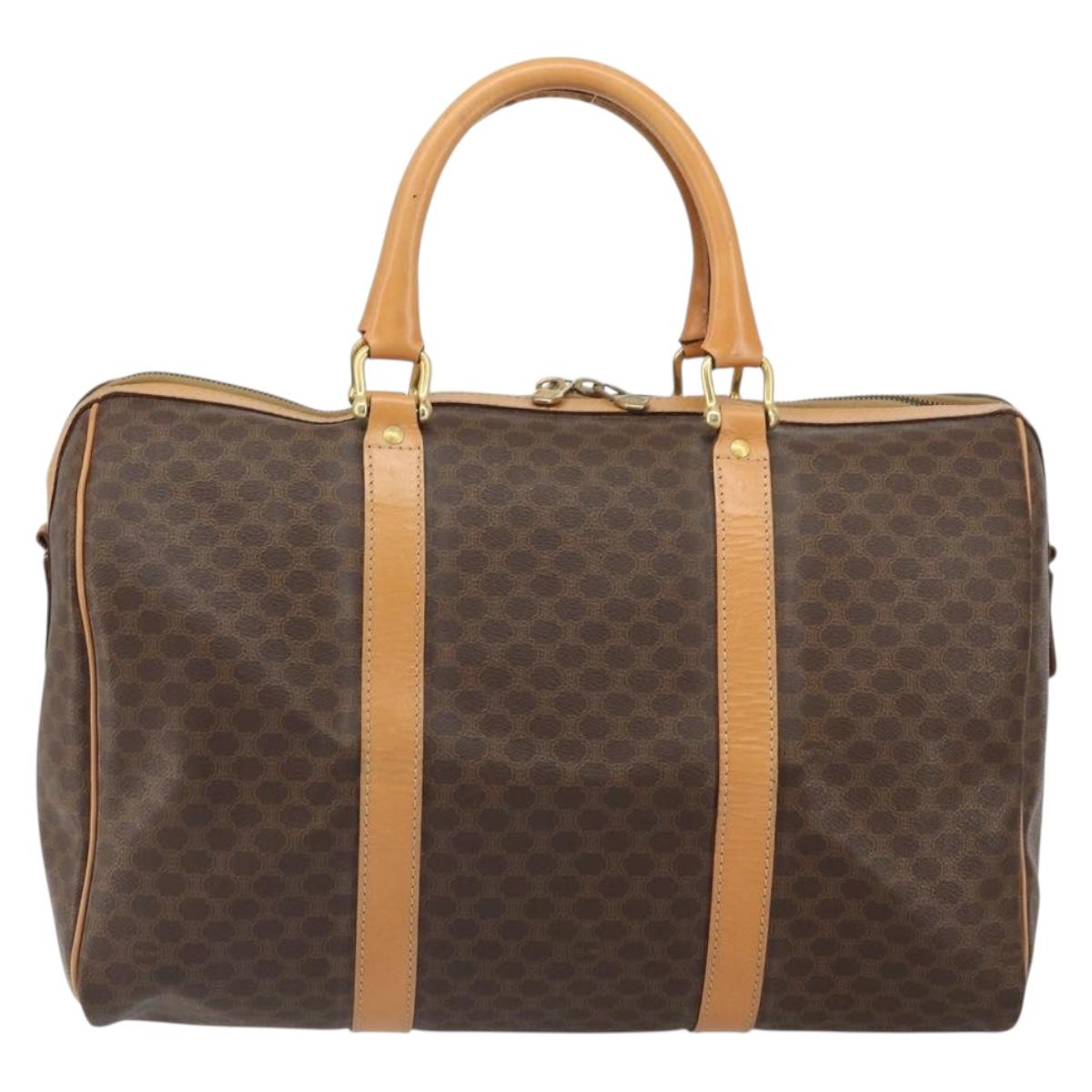 CELINE Macadam Canvas Boston Bag PVC Leather Brown Gold Auth 161350