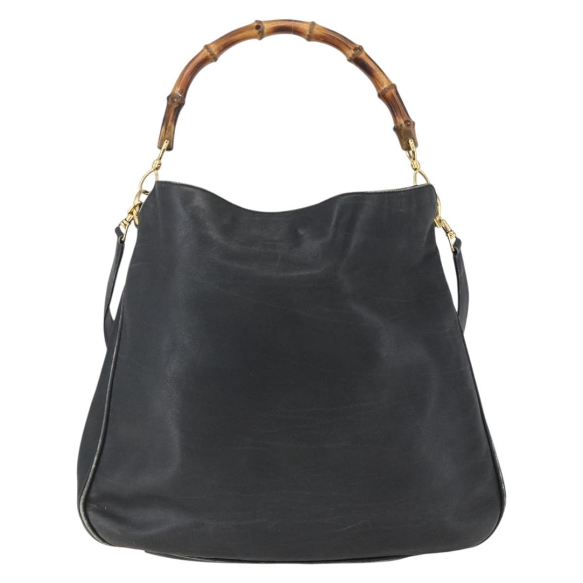 GUCCI Bamboo Hand Bag Leather 2way Black Gold 001 1577 2615 Auth 161353