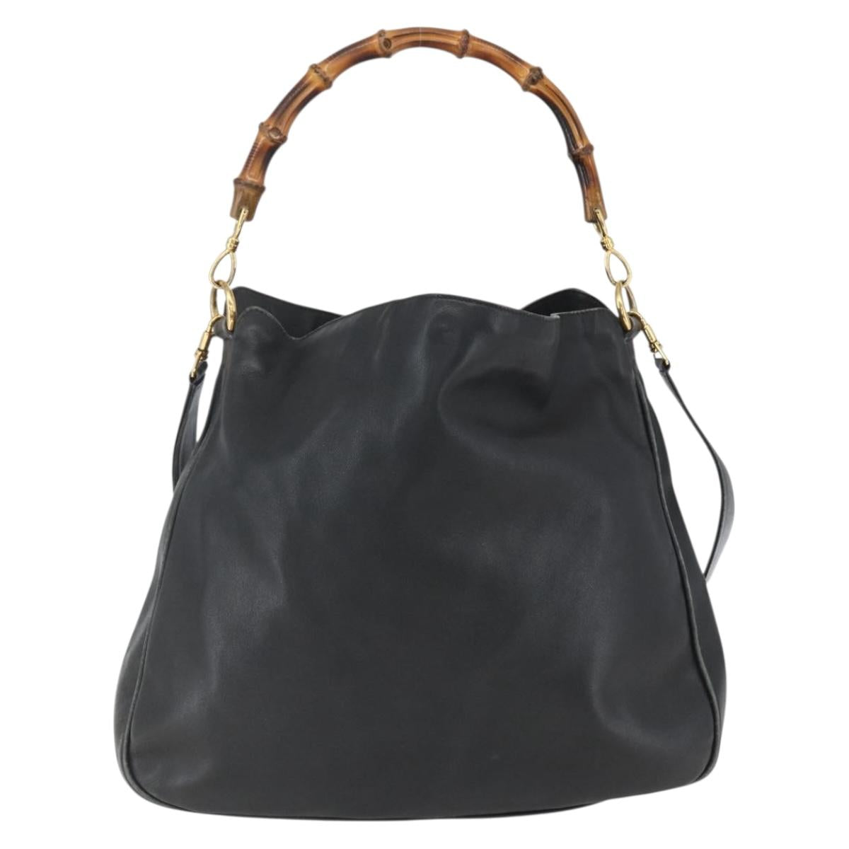 GUCCI Bamboo Hand Bag Leather 2way Black Gold 001 1577 2615 Auth 161353