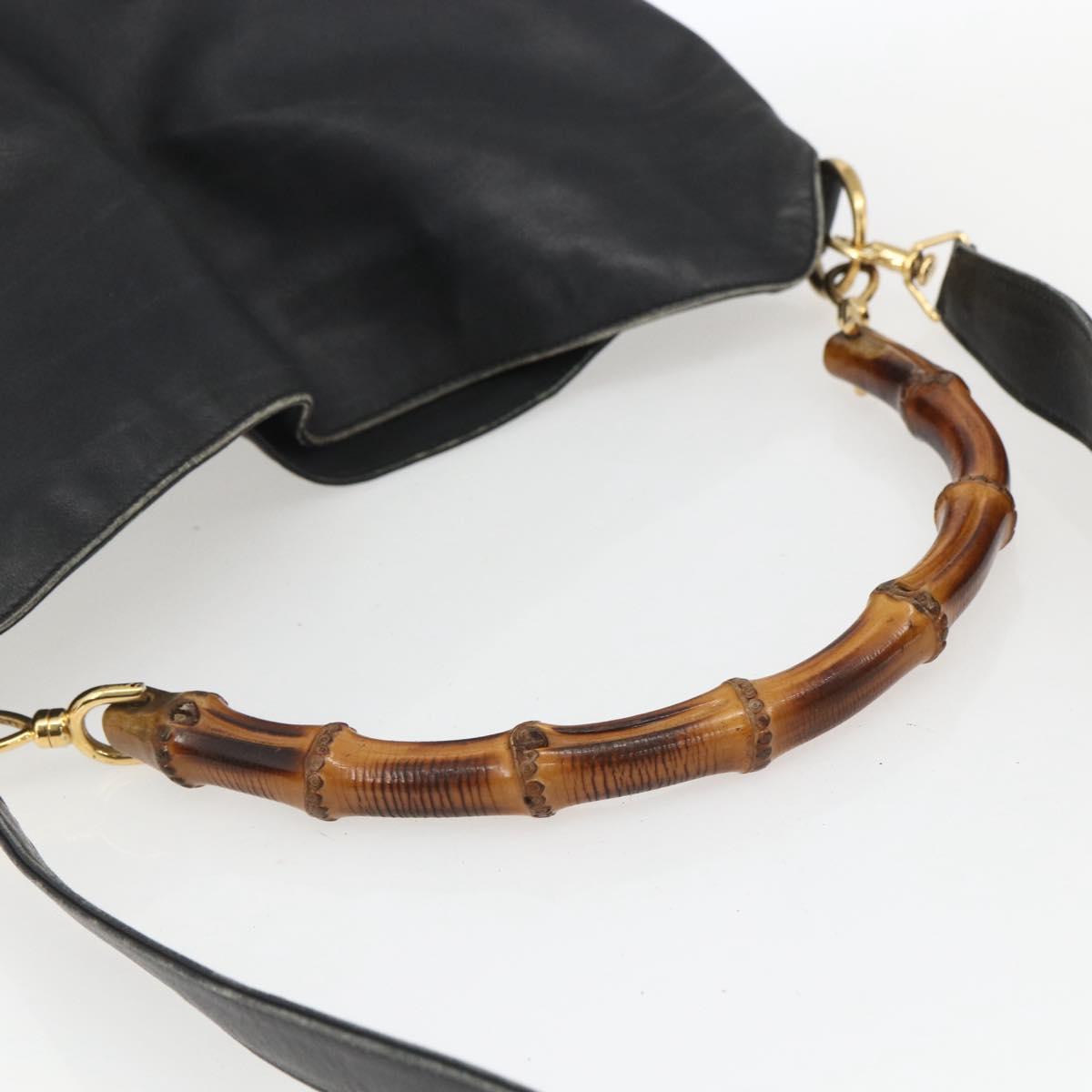 GUCCI Bamboo Hand Bag Leather 2way Black Gold 001 1577 2615 Auth 161353