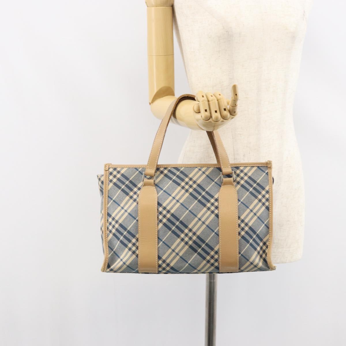 BURBERRY Nova Check Blue Label Hand Bag Canvas Blue Silver Auth 161356
