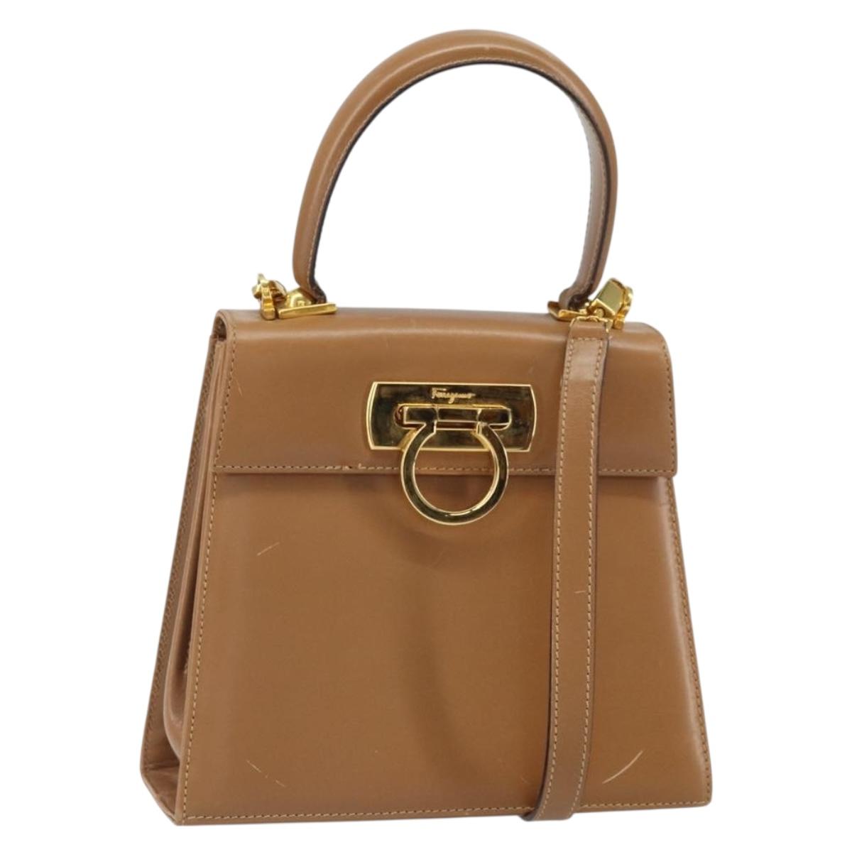 Salvatore Ferragamo Gancini Hand Bag Leather 2way Beige Gold Auth 161403