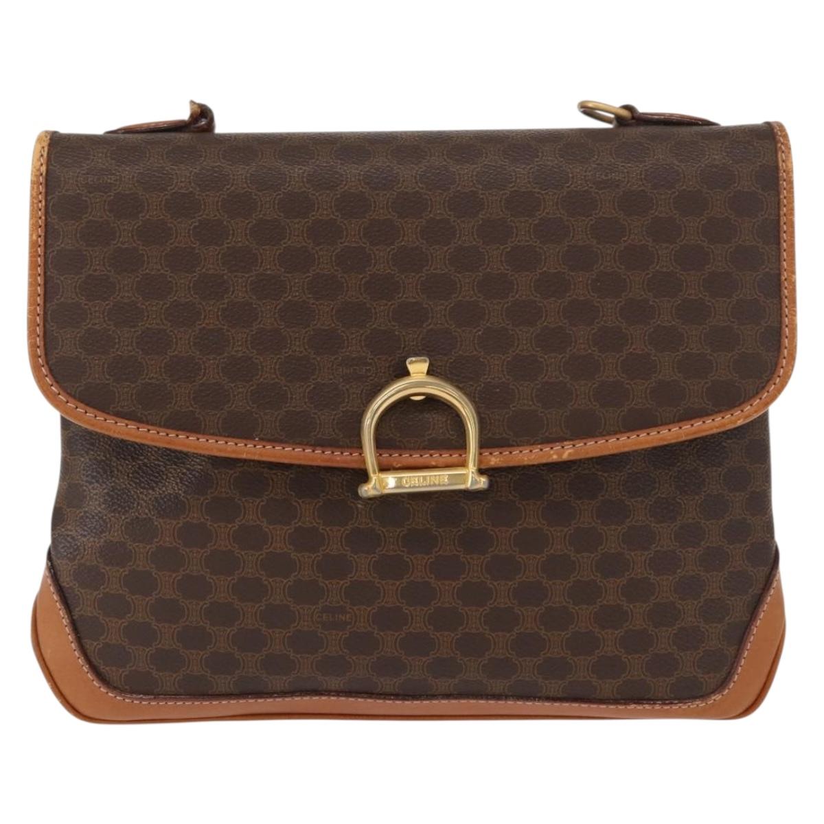 CELINE Macadam Canvas Hand Bag PVC Leather Brown Gold Auth 161411