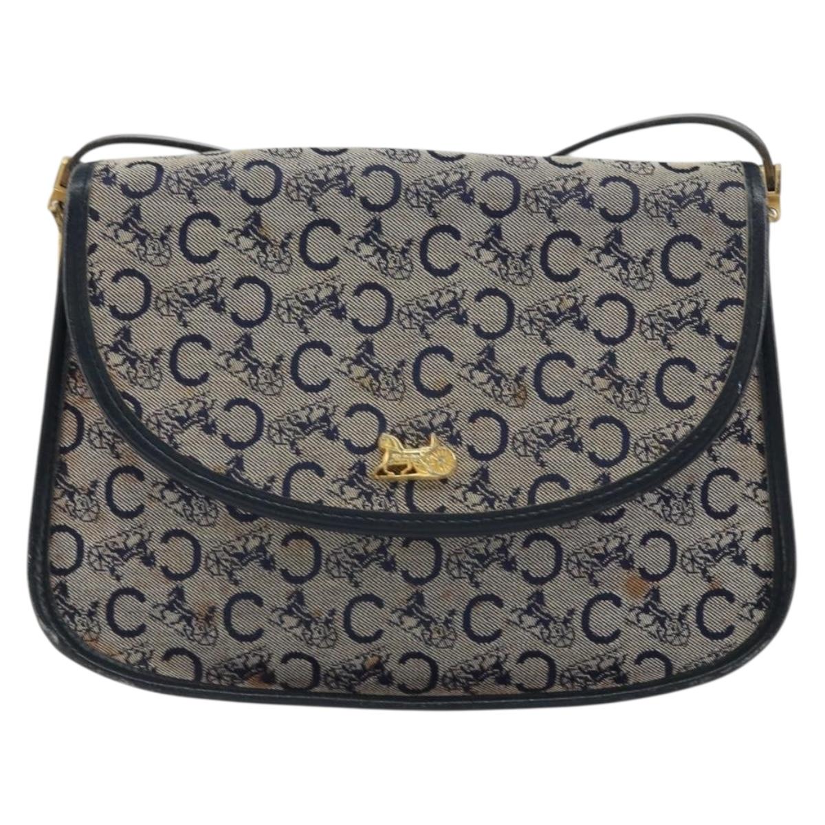 CELINE C Sulky Shoulder Bag Canvas Navy Gold Auth 161412