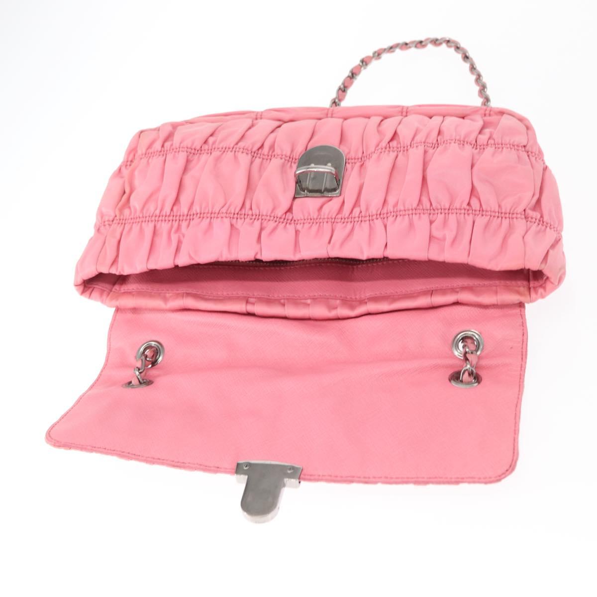 PRADA Gathered Chain Shoulder Bag Nylon Pink Silver Auth 161419