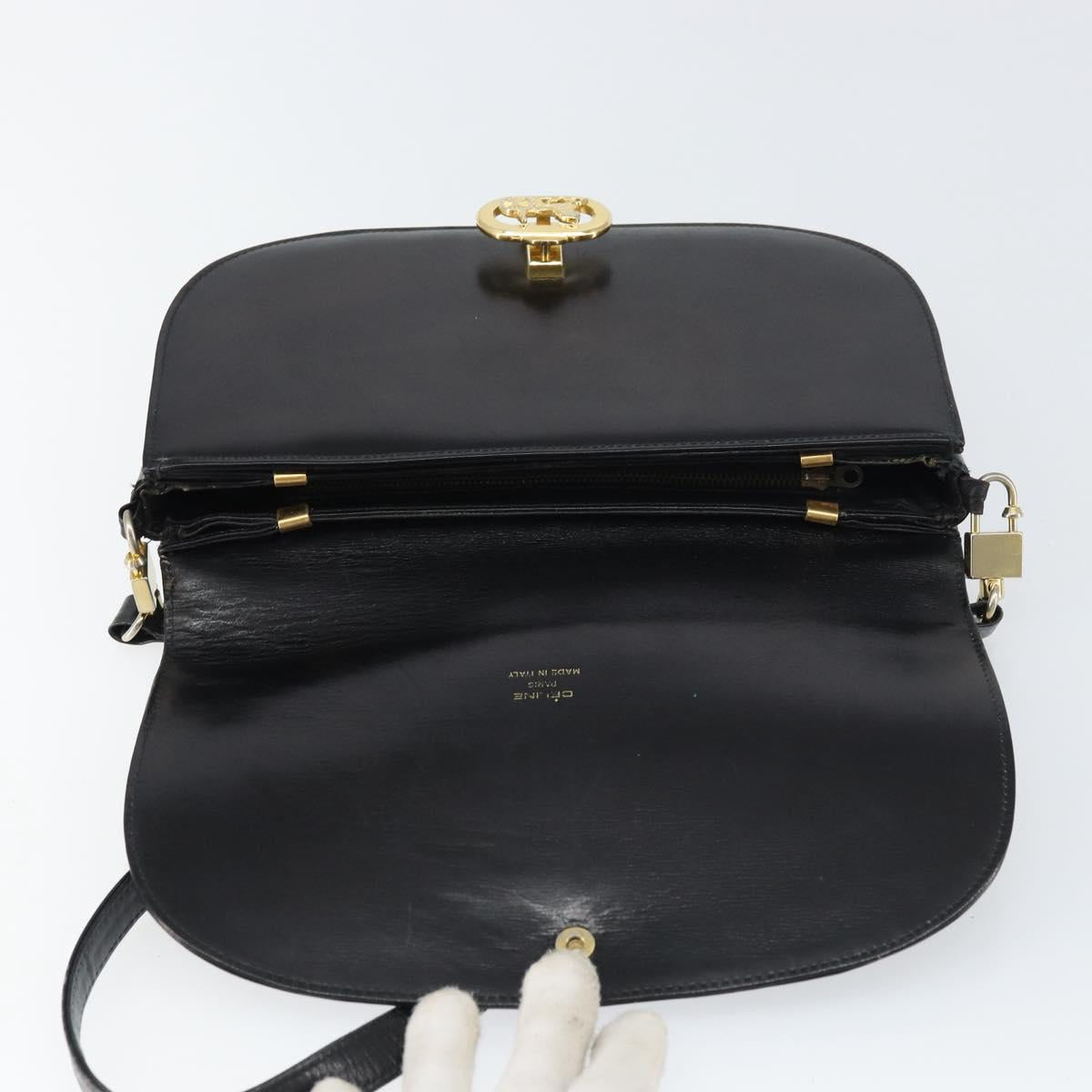 CELINE Horse Carriage Shoulder Bag Leather Black Gold Auth 161421