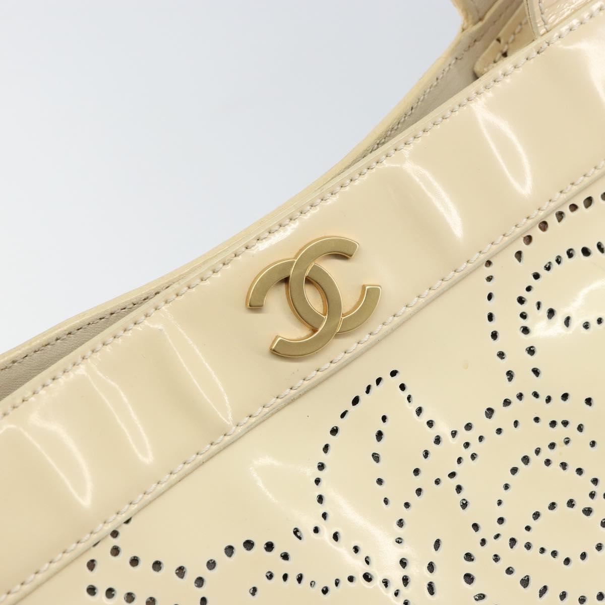 CHANEL Camelia Shoulder Bag Patent leather Ivory Gold CC Auth 161438
