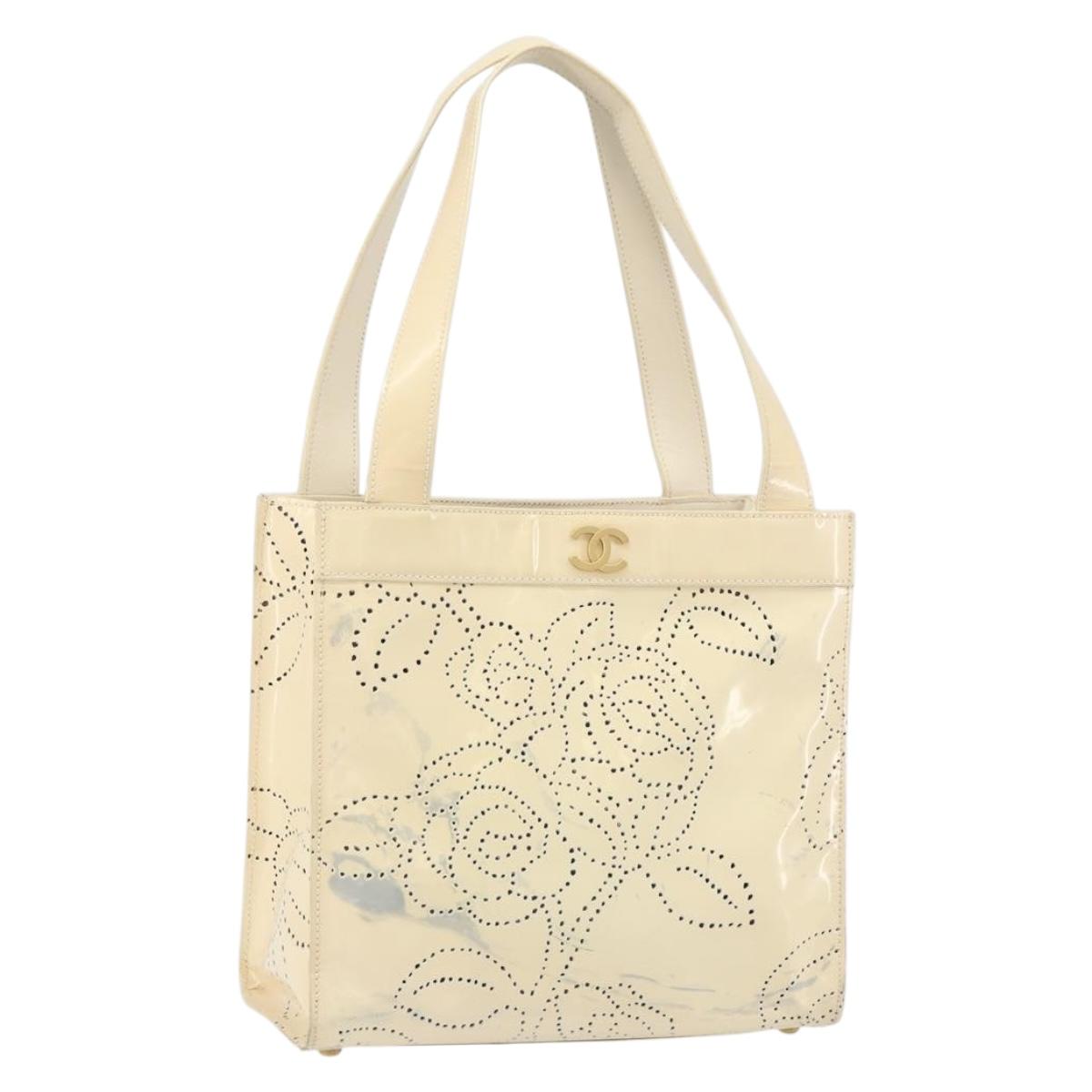 CHANEL Camelia Shoulder Bag Patent leather Ivory Gold CC Auth 161438