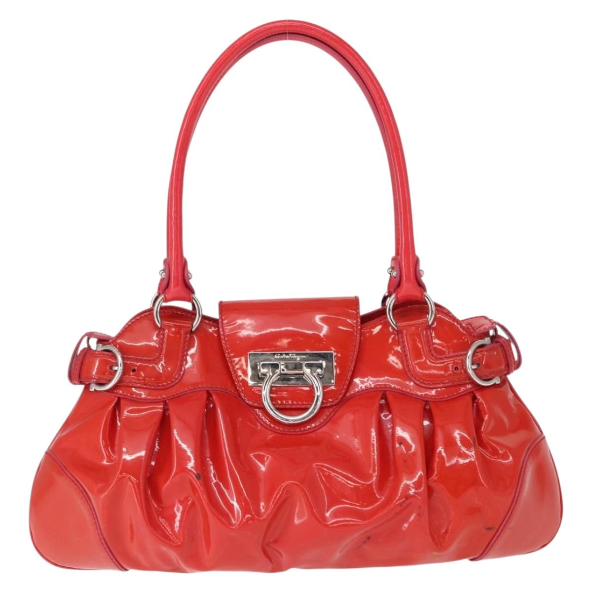 Salvatore Ferragamo Gancini Hand Bag Enamel Red Silver Auth 161440