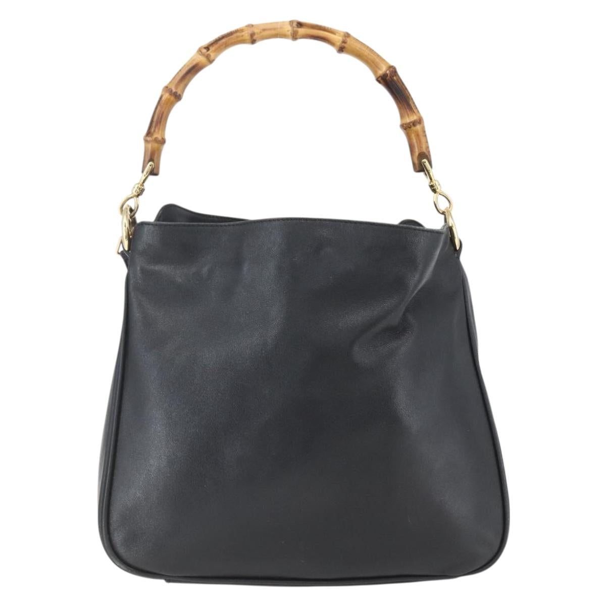 GUCCI Bamboo Hand Bag Leather 2way Black Gold 001 1705 1638 Auth 161481