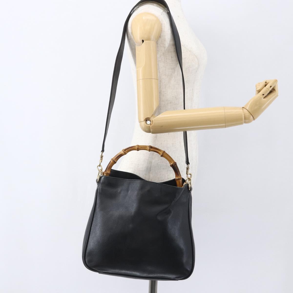 GUCCI Bamboo Hand Bag Leather 2way Black Gold 001 1705 1638 Auth 161481