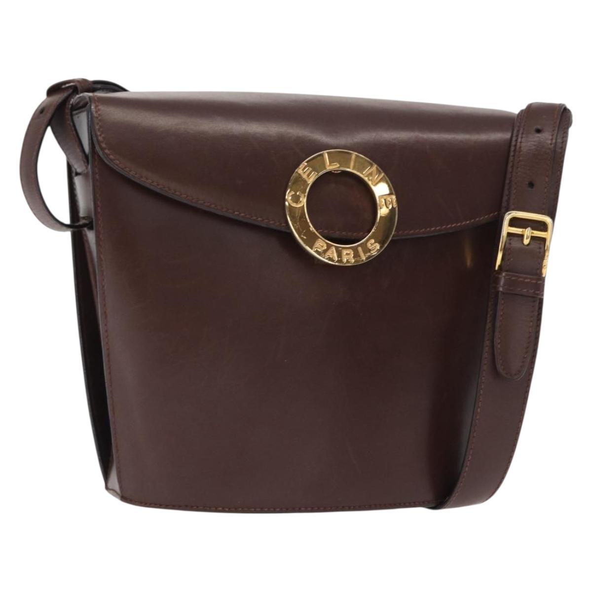 CELINE Circle Shoulder Bag Leather Brown Gold Auth 161484
