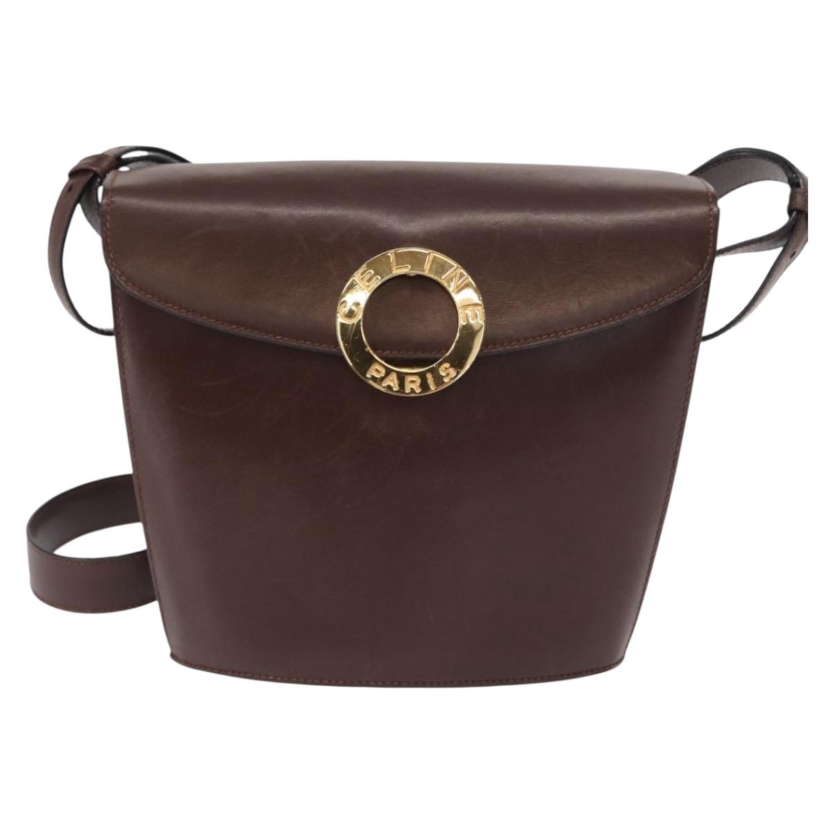 CELINE Circle Shoulder Bag Leather Brown Gold Auth 161484