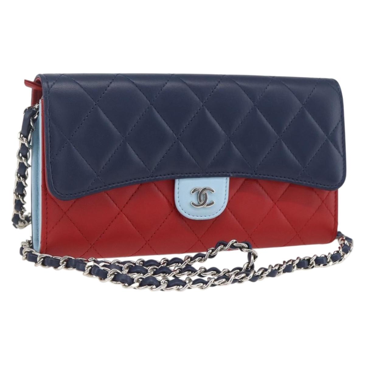 CHANEL Matelasse Chain Wallet Bag Lamb Skin Red Navy Light CC Auth 161494SAM