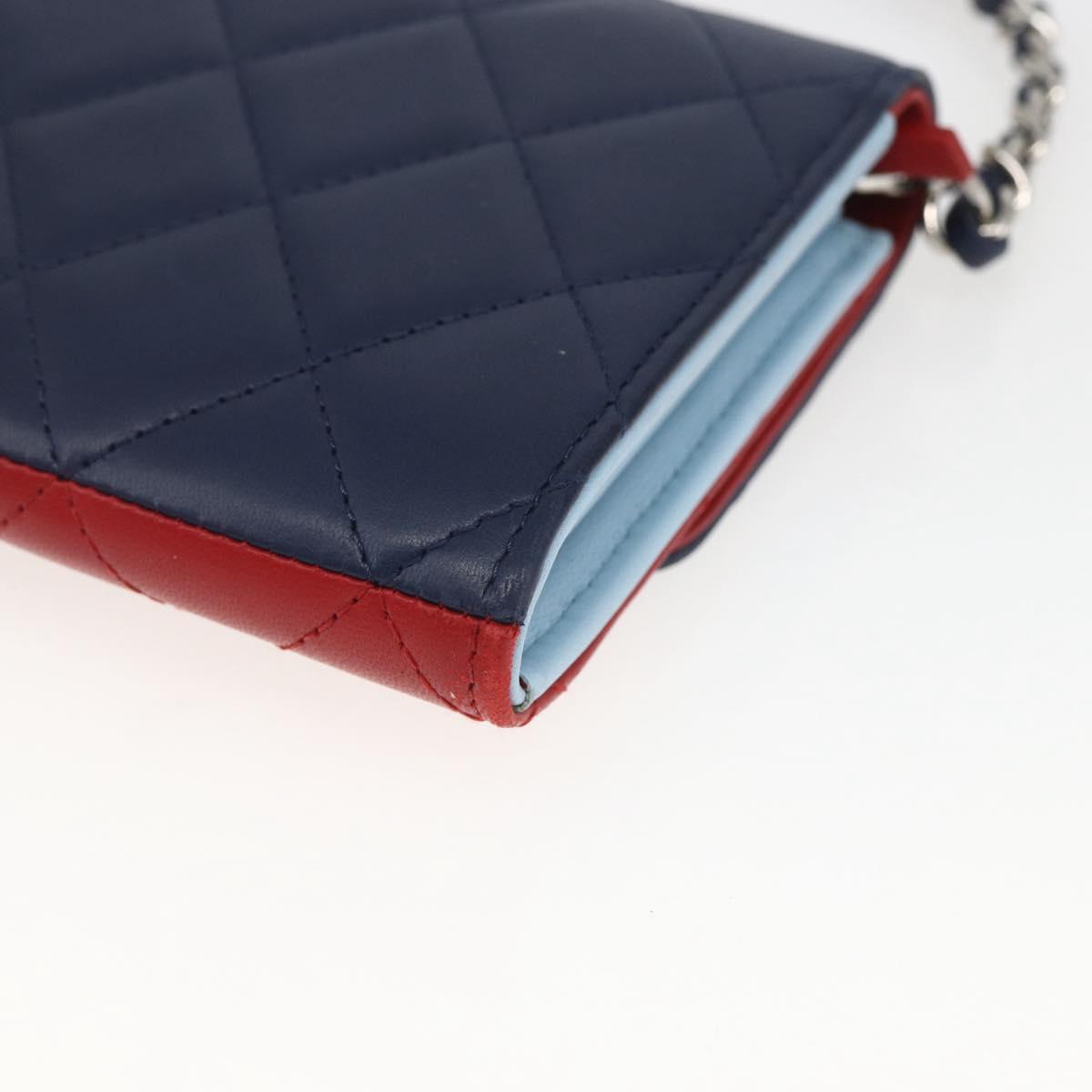 CHANEL Matelasse Chain Wallet Bag Lamb Skin Red Navy Light CC Auth 161494SAM
