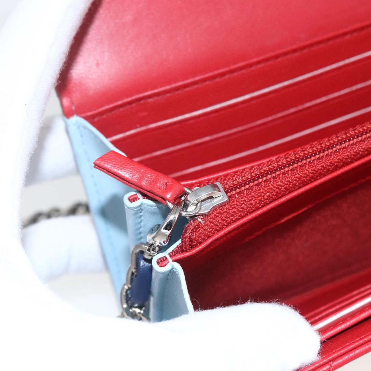 CHANEL Matelasse Chain Wallet Bag Lamb Skin Red Navy Light CC Auth 161494SAM
