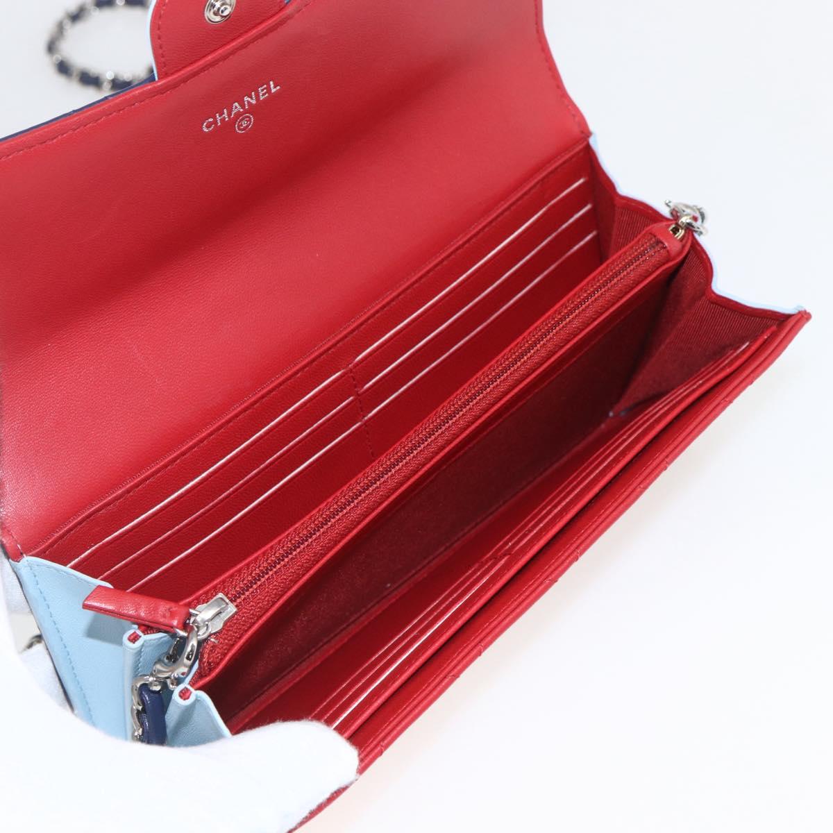 CHANEL Matelasse Chain Wallet Bag Lamb Skin Red Navy Light CC Auth 161494SAM