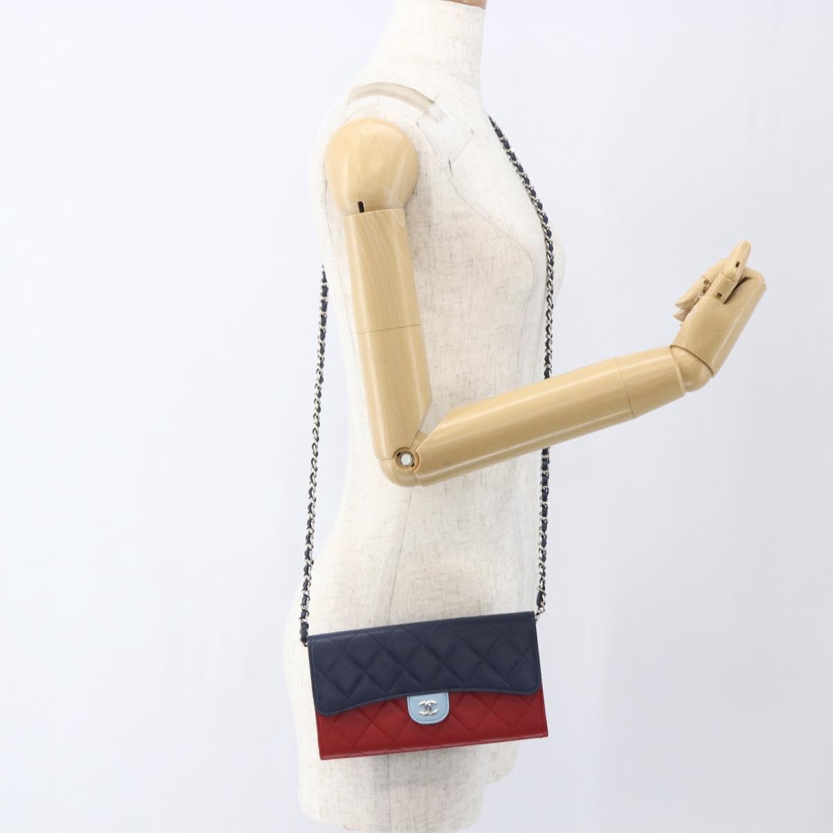 CHANEL Matelasse Chain Wallet Bag Lamb Skin Red Navy Light CC Auth 161494SAM