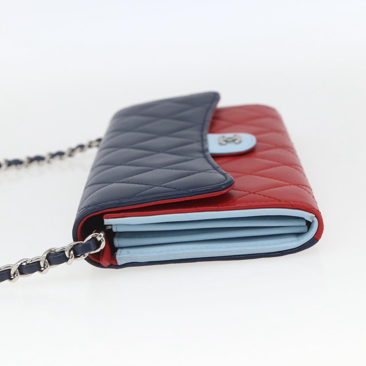 CHANEL Matelasse Chain Wallet Bag Lamb Skin Red Navy Light CC Auth 161494SAM