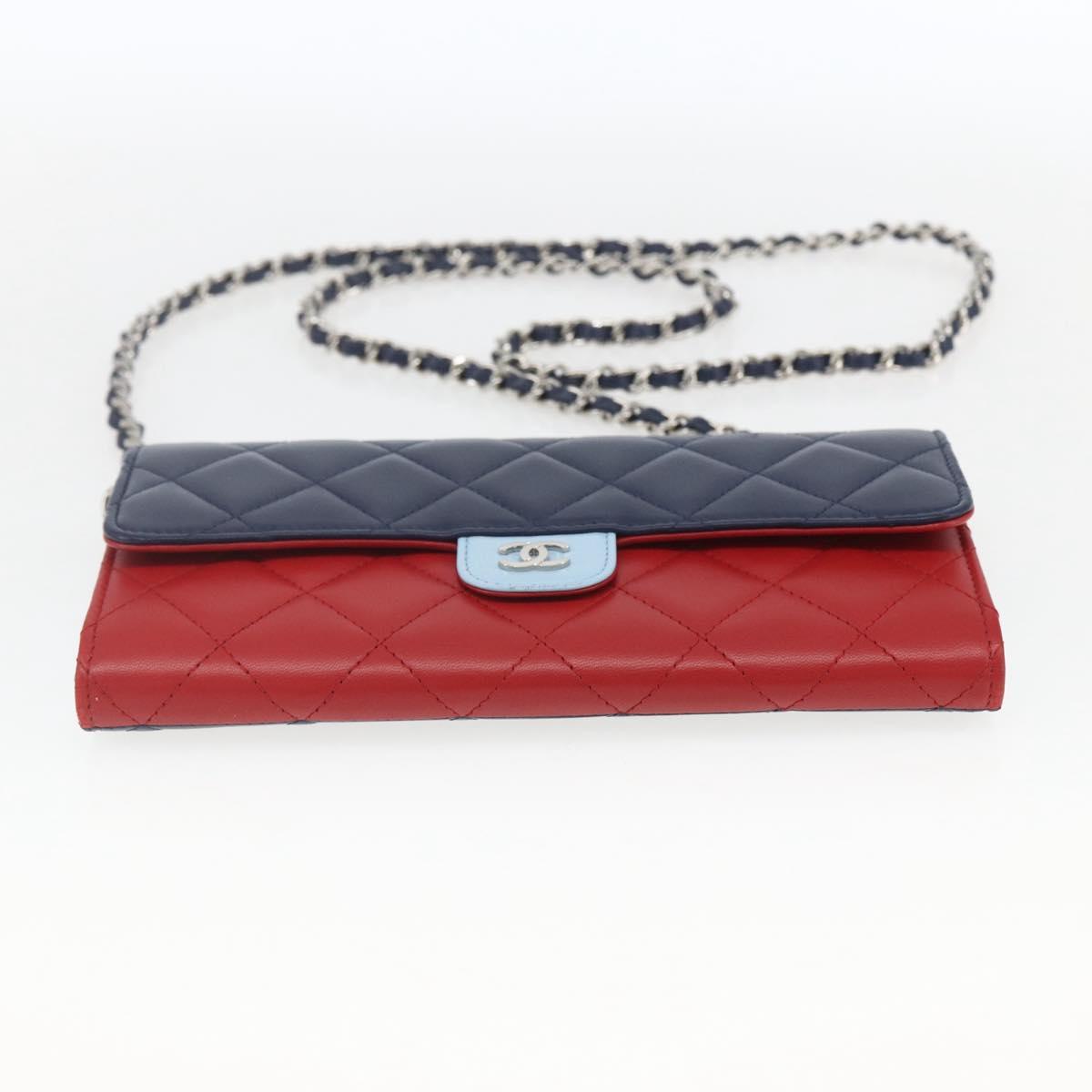 CHANEL Matelasse Chain Wallet Bag Lamb Skin Red Navy Light CC Auth 161494SAM