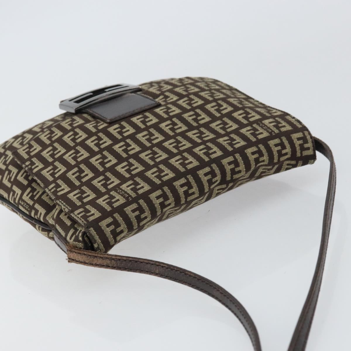 FENDI Zucchino Canvas Mamma Baguette Shoulder Bag Brown Silver Auth 161497