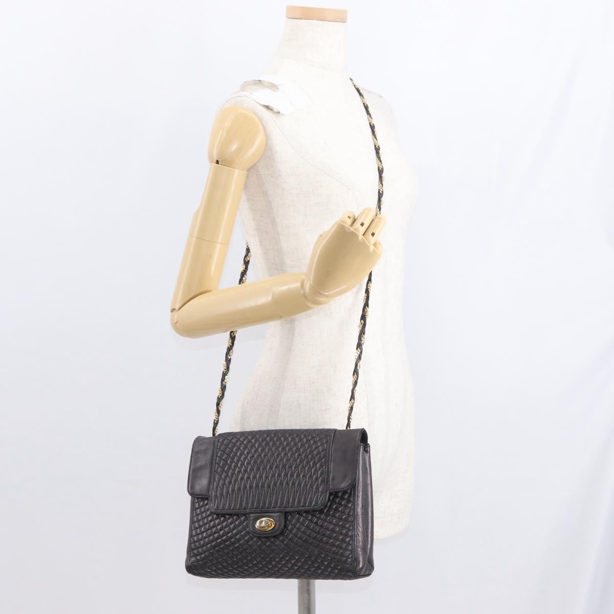 BALLY Chain Shoulder Bag Leather Black Gold Auth 161547