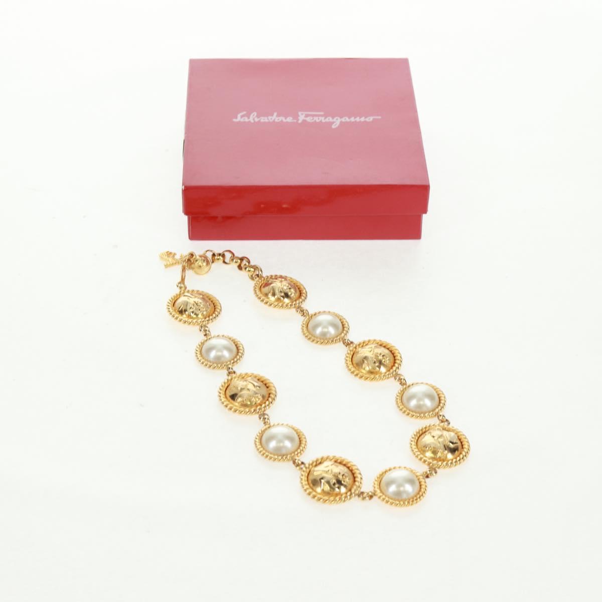 Salvatore Ferragamo Pearl Necklace metal Gold Tone Auth 161568V