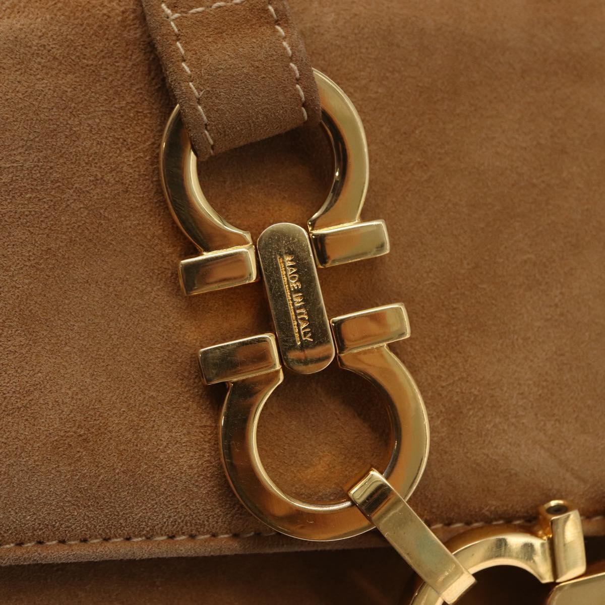 Salvatore Ferragamo Gancini Hand Bag Suede 2way Beige Gold Auth 161599