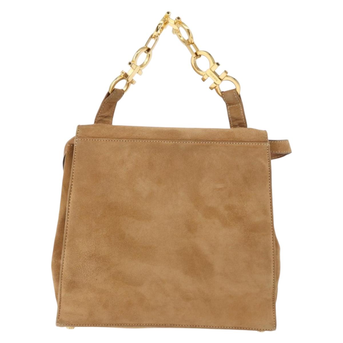 Salvatore Ferragamo Gancini Hand Bag Suede 2way Beige Gold Auth 161599