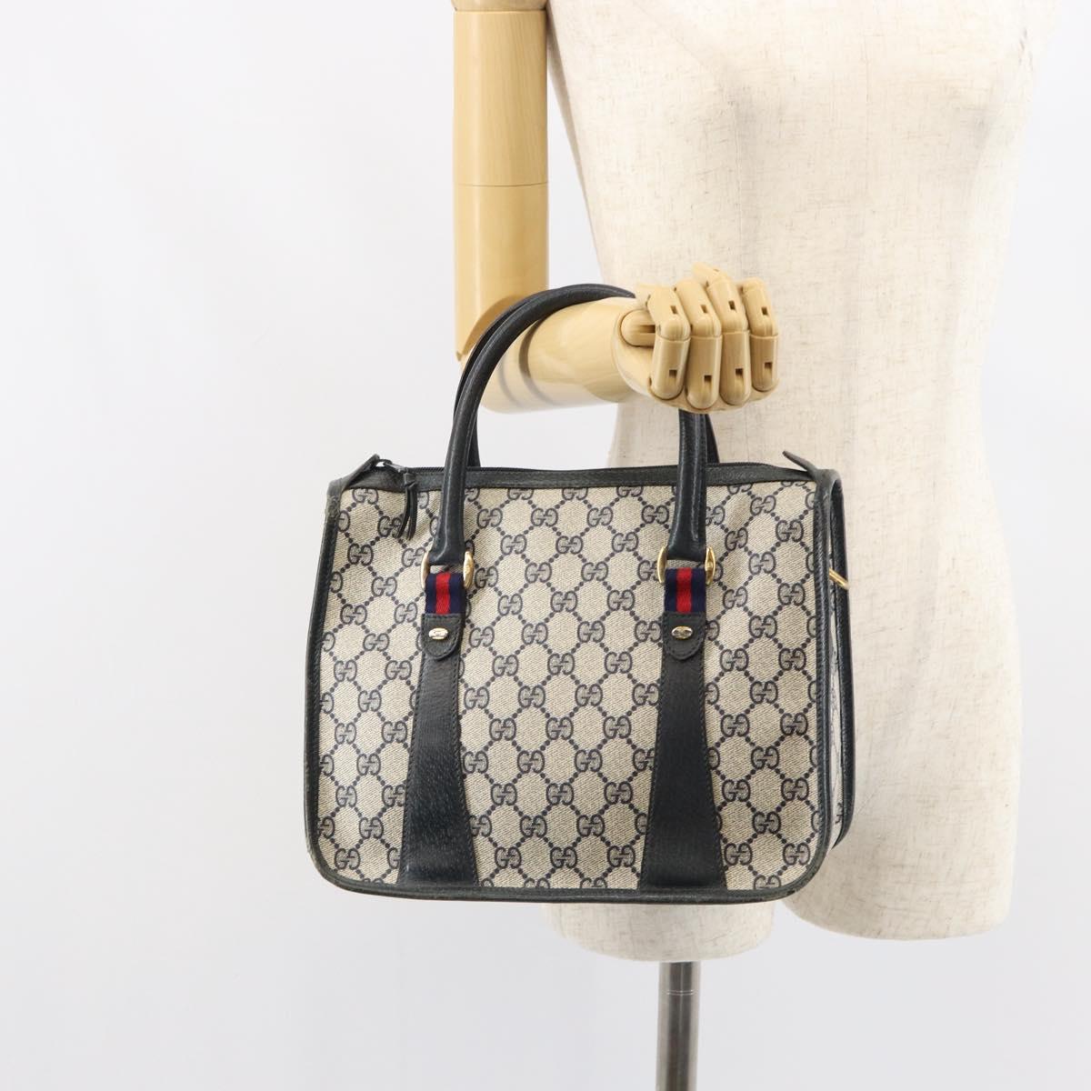 GUCCI GG Supreme Sherry Line Hand Bag PVC Navy Gold Auth 161618