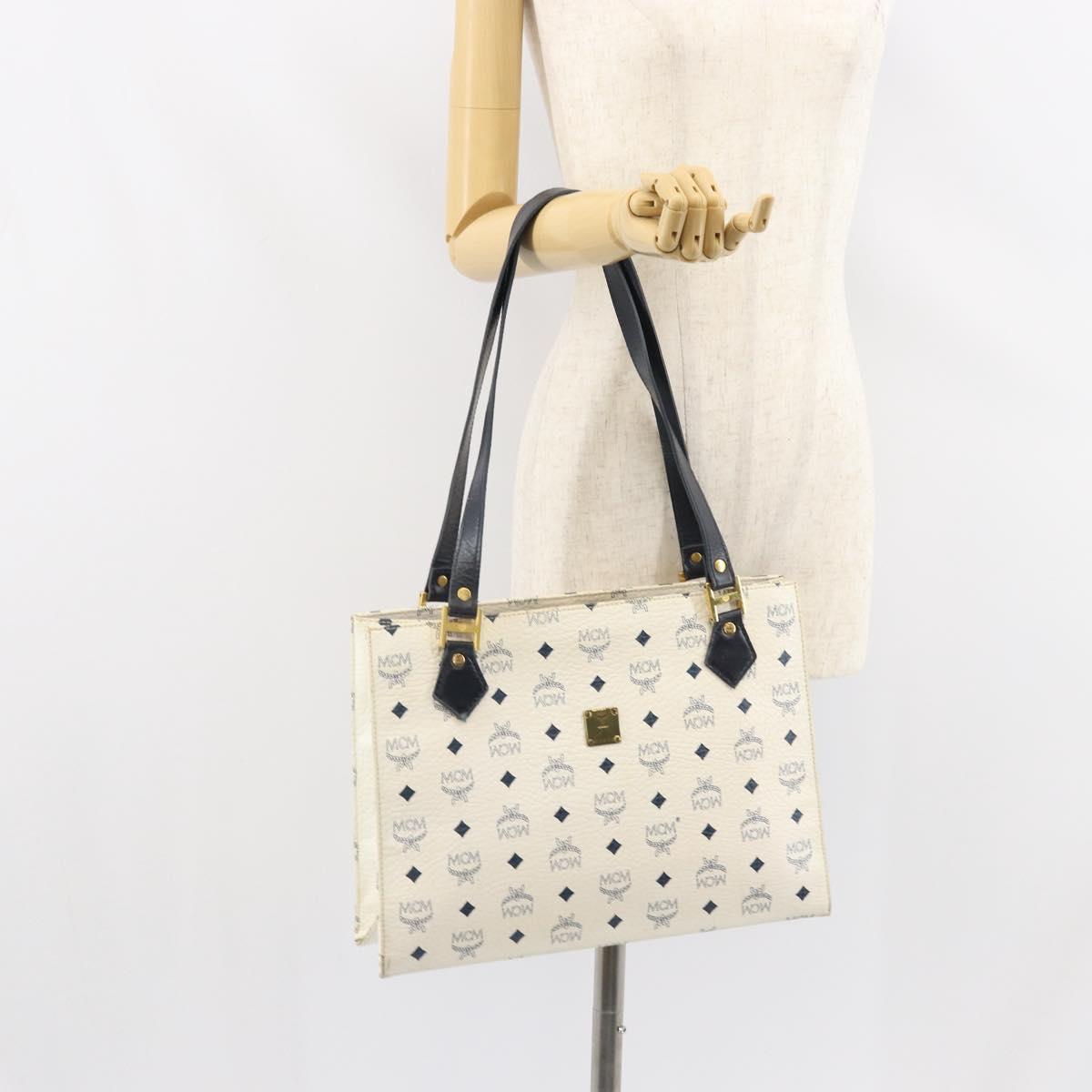MCM Logogram Vicetos Tote Bag Leather White Gold Auth 161620