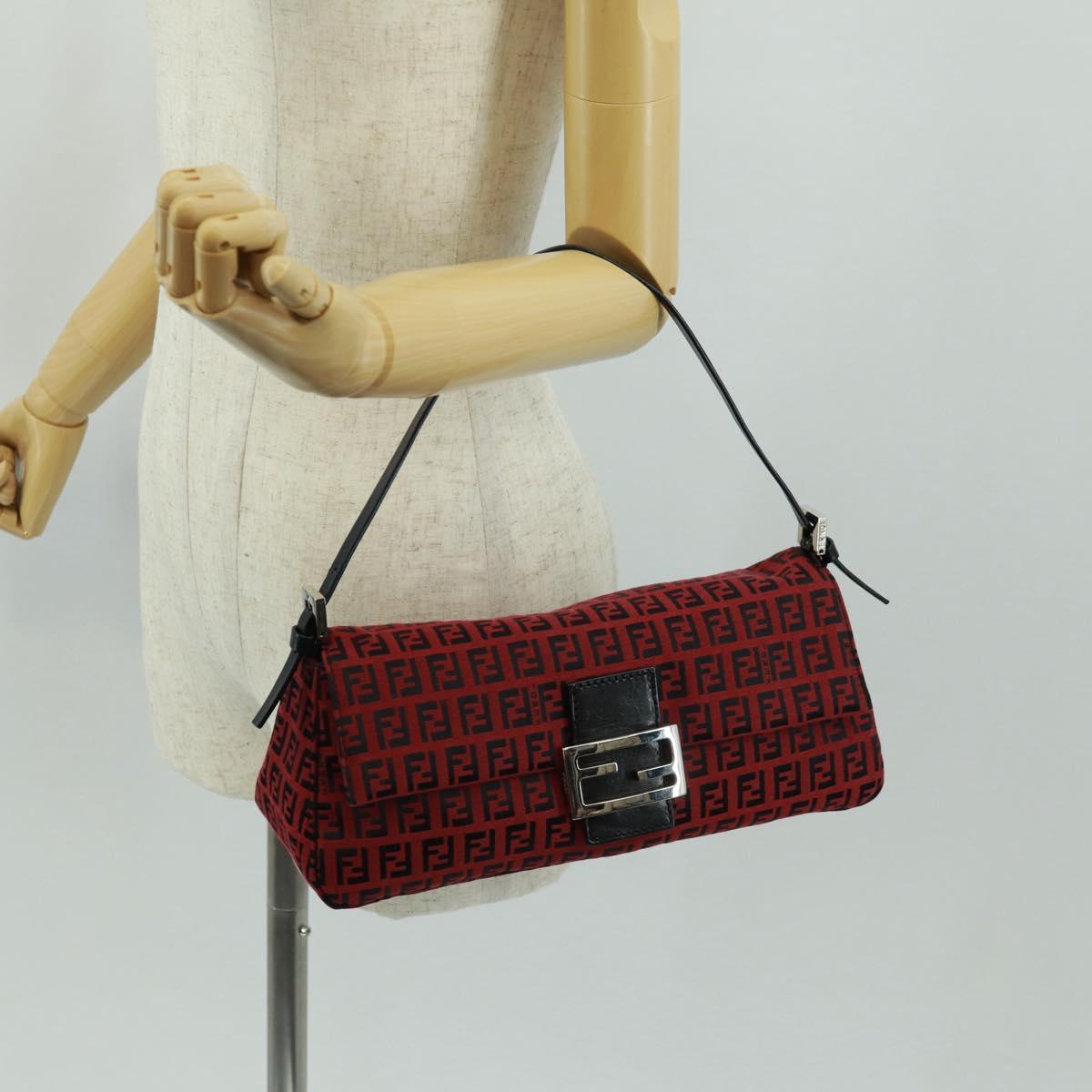 FENDI Zucchino Canvas Mamma Baguette Shoulder Bag Red Silver Auth 161663SAV