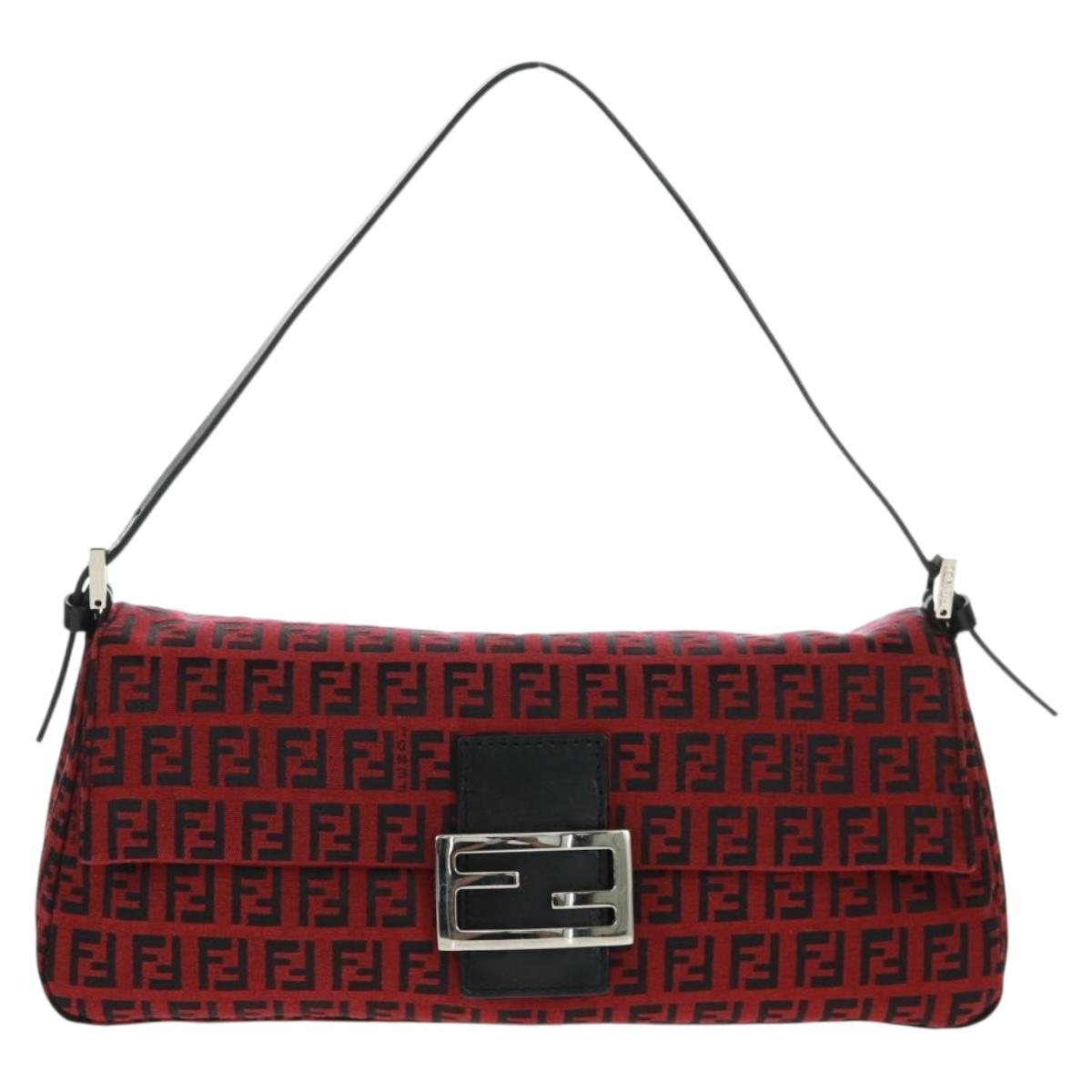 FENDI Zucchino Canvas Mamma Baguette Shoulder Bag Red Silver Auth 161663SAV