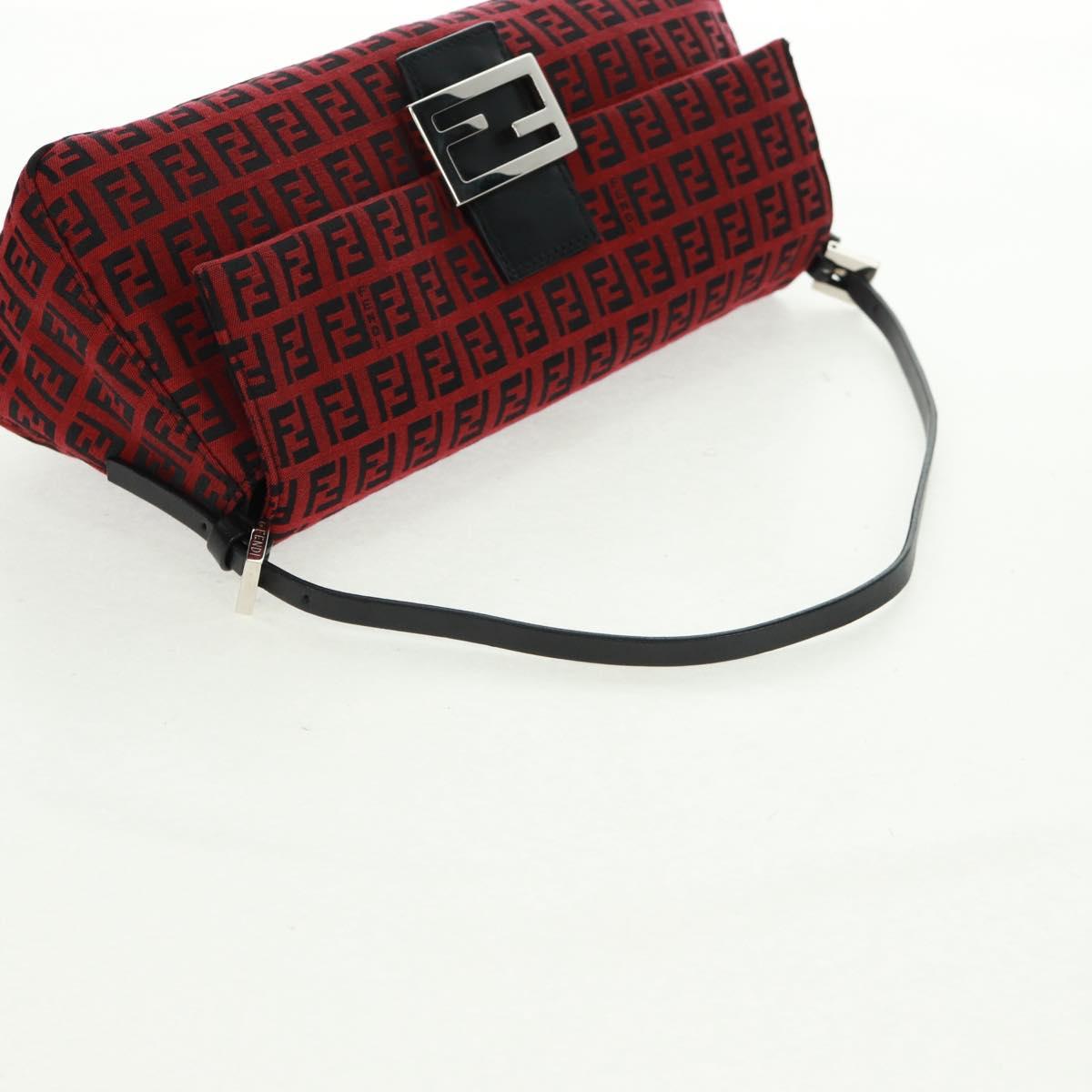 FENDI Zucchino Canvas Mamma Baguette Shoulder Bag Red Silver Auth 161663SAV