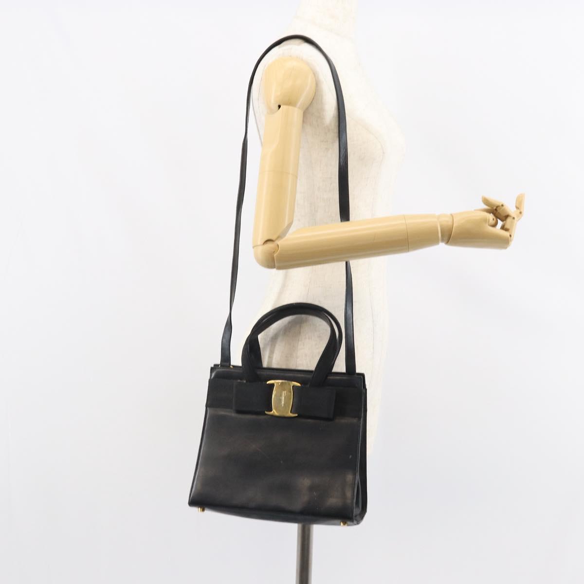 Salvatore Ferragamo Vala Hand Bag Leather 2way Black Gold Auth 161693