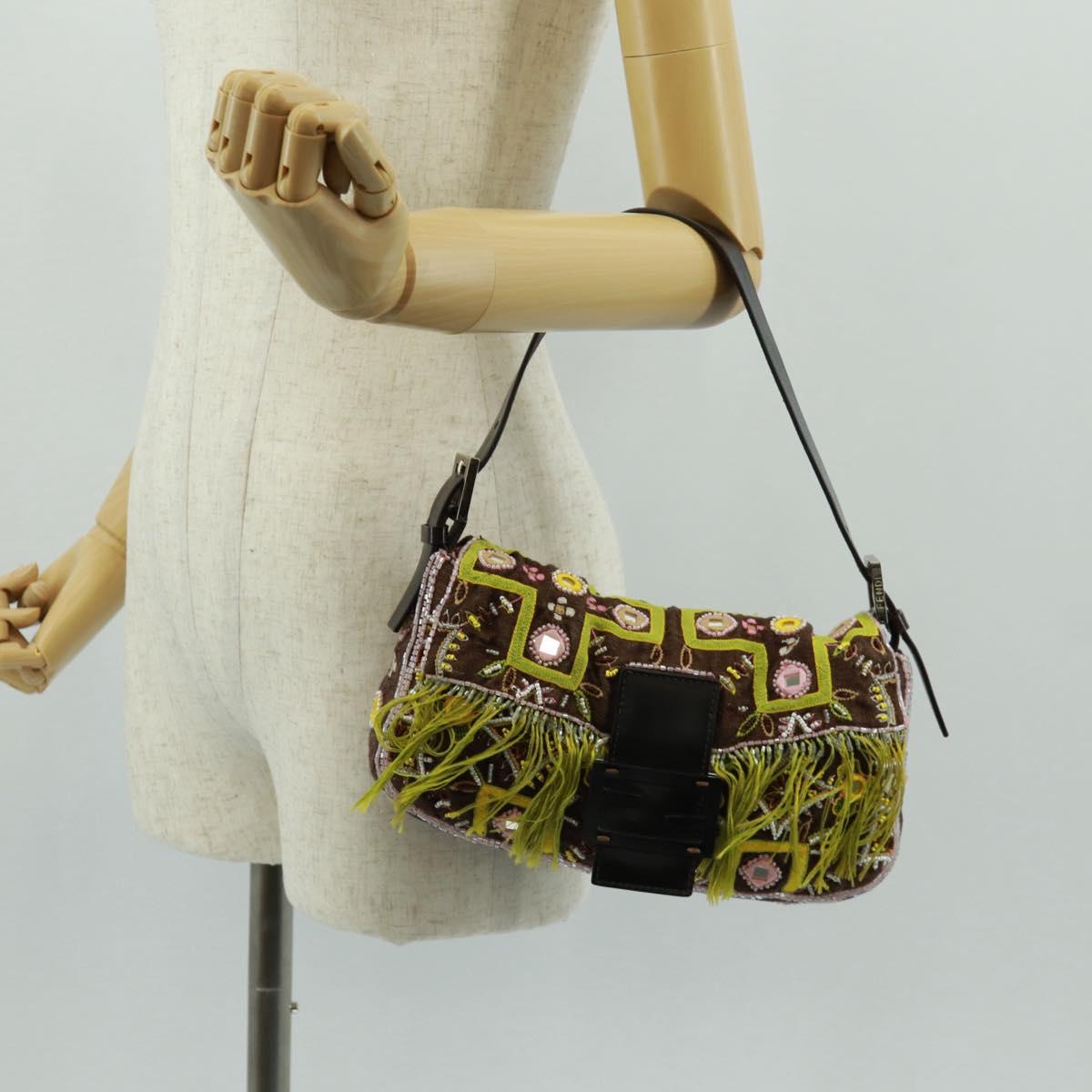 FENDI Beads Mamma Baguette Shoulder Bag Canvas Silver Brown Auth 161704SV