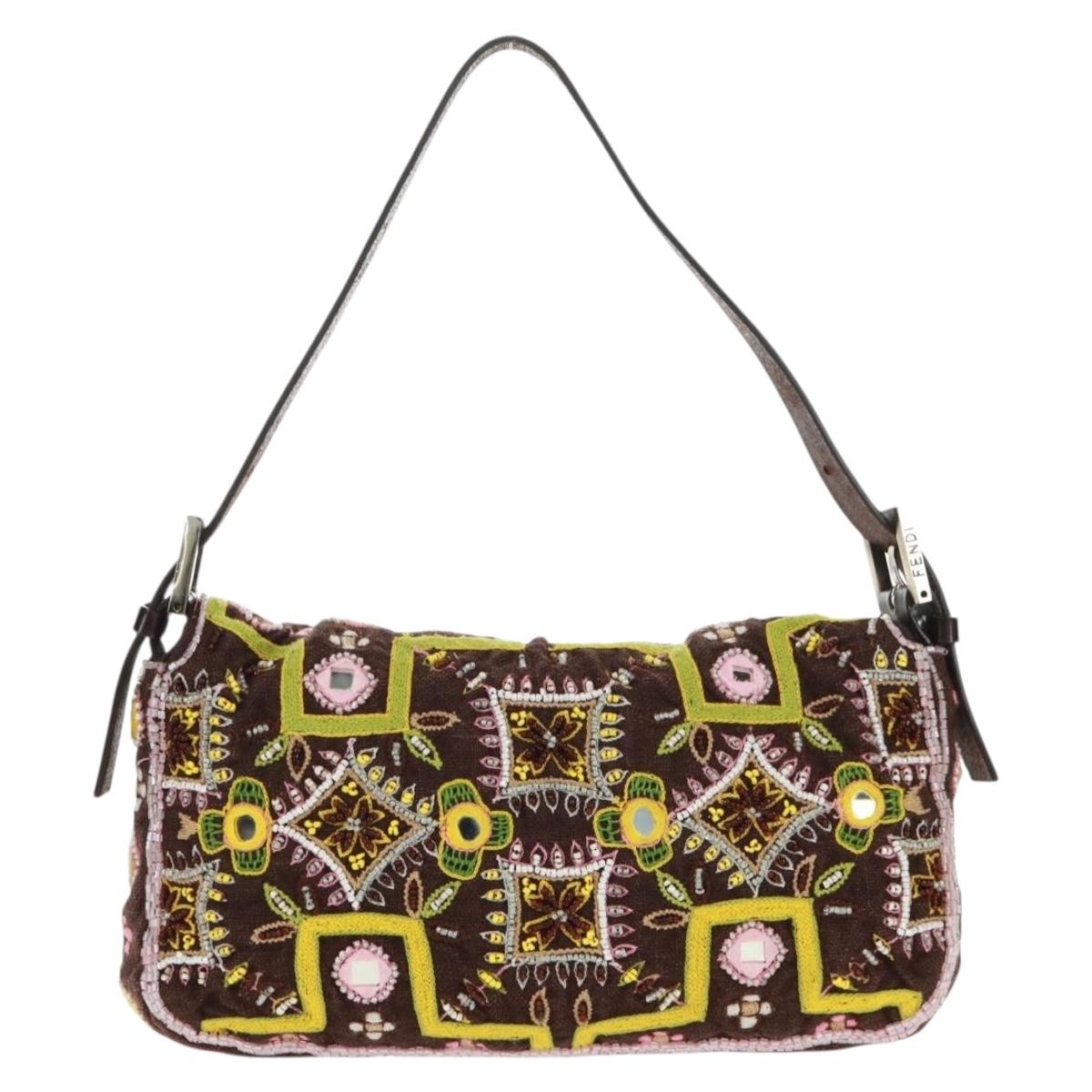 FENDI Beads Mamma Baguette Shoulder Bag Canvas Silver Brown Auth 161704SV