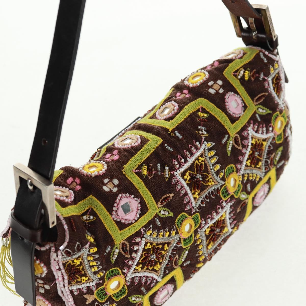 FENDI Beads Mamma Baguette Shoulder Bag Canvas Silver Brown Auth 161704SV