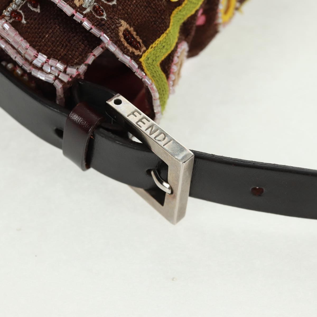 FENDI Beads Mamma Baguette Shoulder Bag Canvas Silver Brown Auth 161704SV