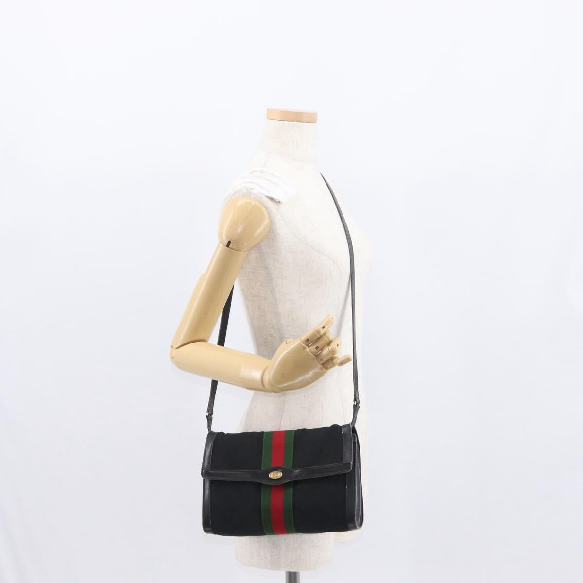 GUCCI GG Canvas Web Sherry Line Shoulder Bag Black Red Green Auth 161730