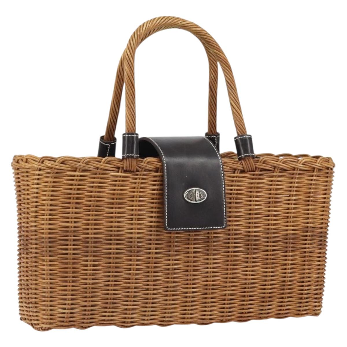 BURBERRY Blue Label Hand Bag Rattan Beige Silver Auth 161754