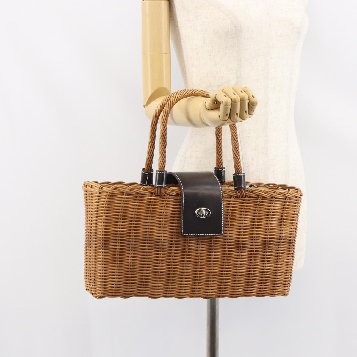 BURBERRY Blue Label Hand Bag Rattan Beige Silver Auth 161754