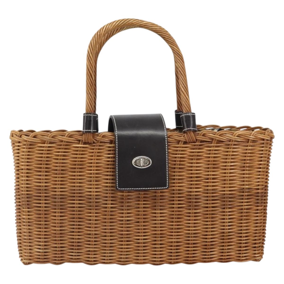 BURBERRY Blue Label Hand Bag Rattan Beige Silver Auth 161754