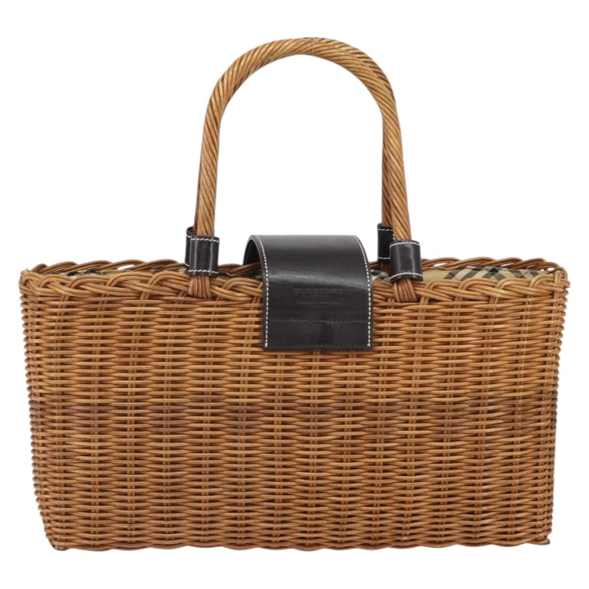 BURBERRY Blue Label Hand Bag Rattan Beige Silver Auth 161754