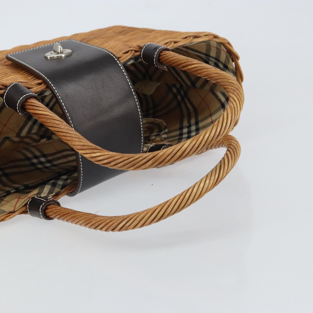 BURBERRY Blue Label Hand Bag Rattan Beige Silver Auth 161754