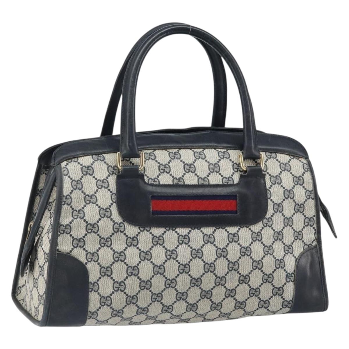 GUCCI GG Supreme Sherry Line Boston Bag PVC Navy Gold Auth 161763