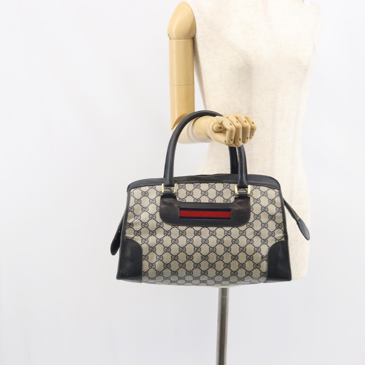 GUCCI GG Supreme Sherry Line Boston Bag PVC Navy Gold Auth 161763